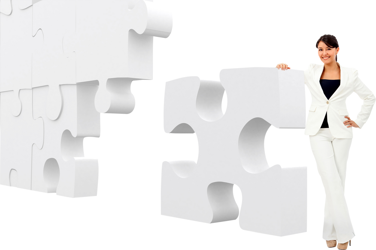 Business Woman Leaning on a Puzzle